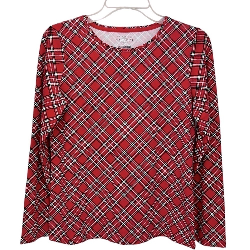 Talbots Tee Apple Cider Plaid Long Sleeve Size Small Petite NWT Stretchy
